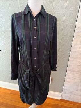 UNTUCKit Navy and Green Plaid Shirt Dress with Tie Waist